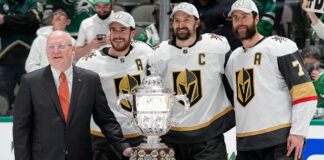 Vegas Golden Knights advance to Stanley Cup Final Vegas Golden Knights pose with Billy Daly and the Clarance Campbell Bowl Trophy