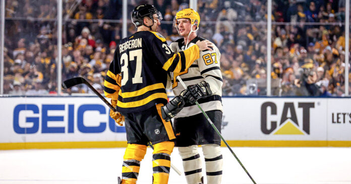 Crosby-Bergeron Sidney Crosby congratulates Patrice Bergeron on his retirement