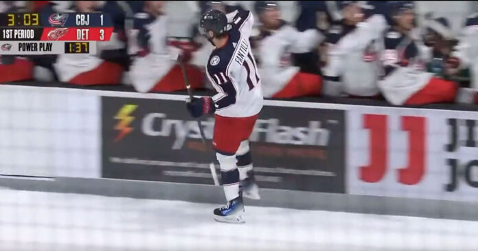 Adam-Fantilli-scores-hat-trick Adam Fantilli scores a hat trick in a thrilling Blue Jackets rookie game against Red Wings in Traverse City