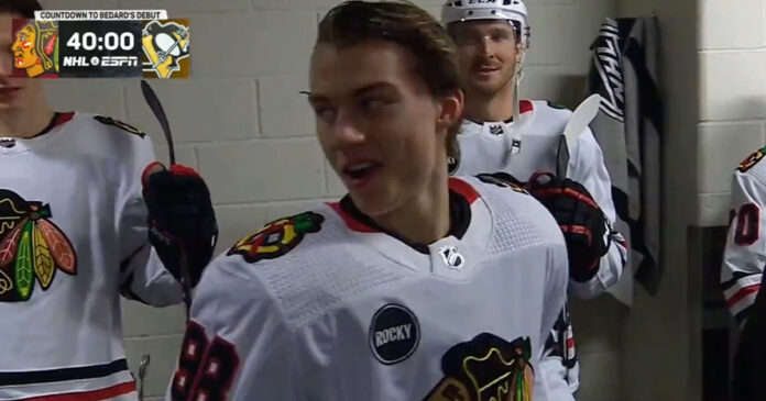 Connor-Bedard-forgets-stick Chicago Blackhawks rookie Connor Bedard forgets his stick in NHL debut against Pittsburgh Penguins