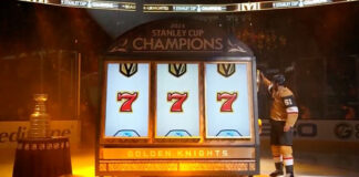 Vegas Golden Knights unveil Stanley Cup banner with slot machine Vegas Golden Knights unveil Stanley Cup banner with giant slot machine