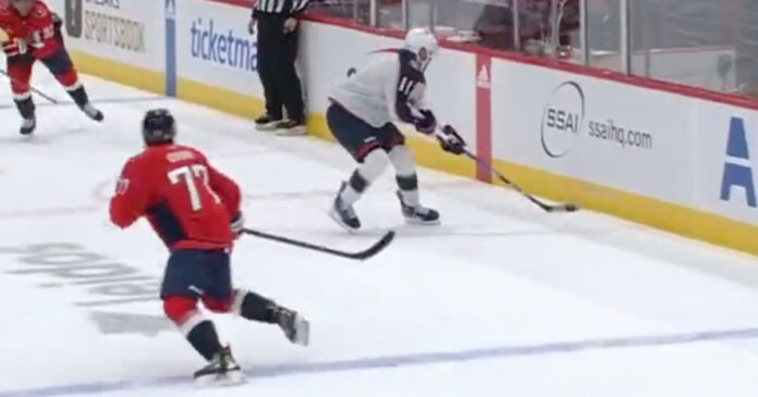 Oshie-hit-on-Fantilli Washington Capitals forward TJ Oshie blows up Columbus Blue Jackets rookie Adam Fantilli with huge open-ice hit