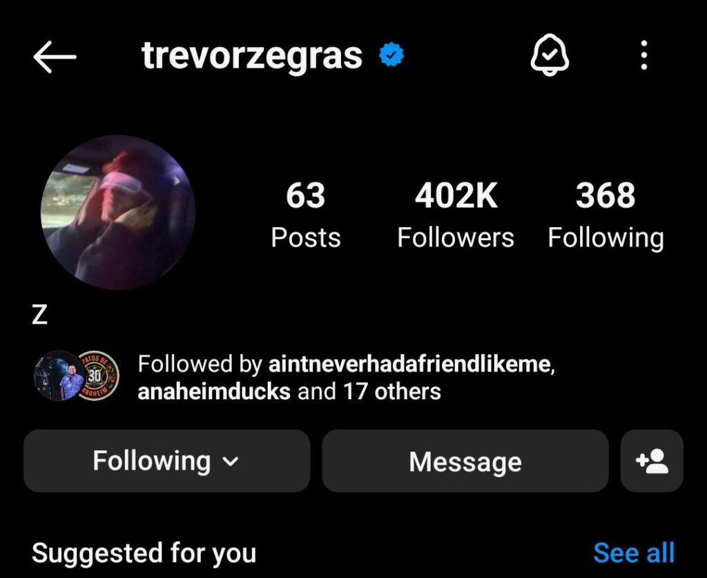 Trevor Zegras blindfold Instagram photo