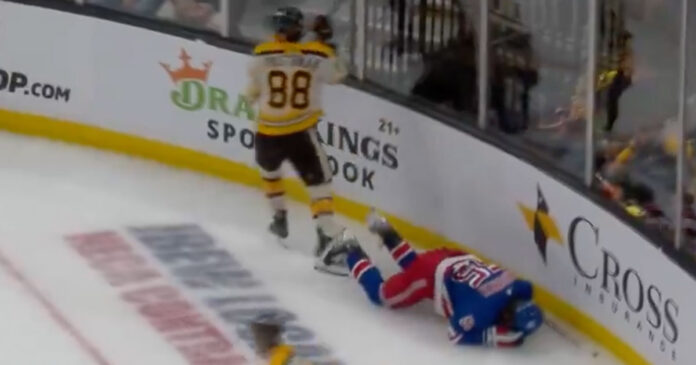 David-Pastrnak-ejected David Pastrnak ejected for hit on Rangers Ryan Lindgren