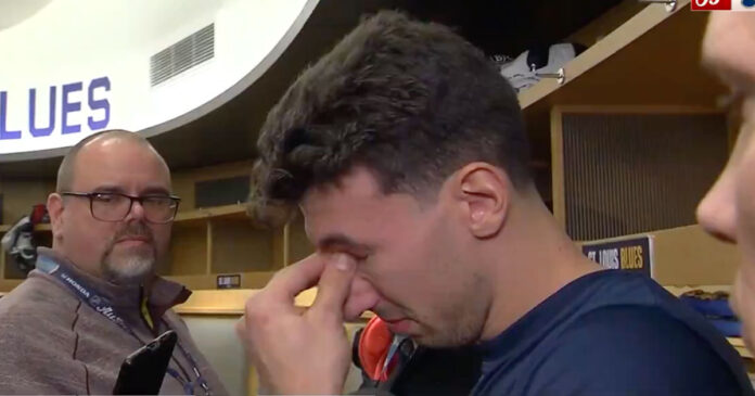 Jordan-Kyrou-tears Jordan Kyrou breaks down in tears during interview after St. Louis fans boo him
