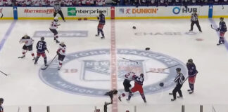Devils vs Rangers Features Opening Faceoff Brawl Devils vs Rangers opening faceoff line brawl