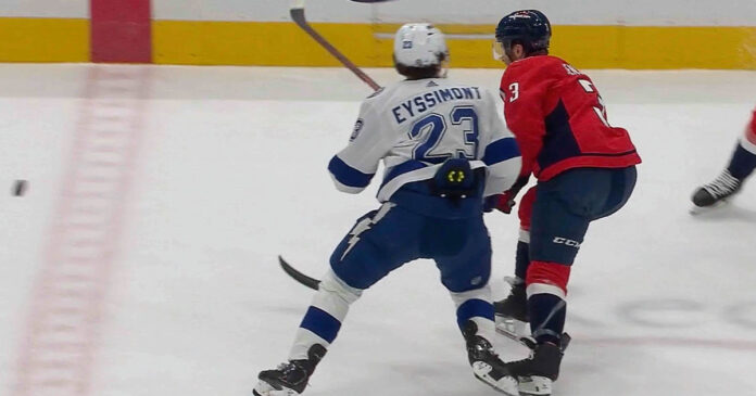 Nick-Jensen-stretchered-off-ice Capitals' Nick Jensen stretchered off ice after controversial hit from Tampa Bay's Michael Eyssimont
