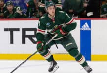 Brock Faber Injury: Wild D-Man Hit in Head by Puck Brock Faber Minnesota Wild defenseman on the ice