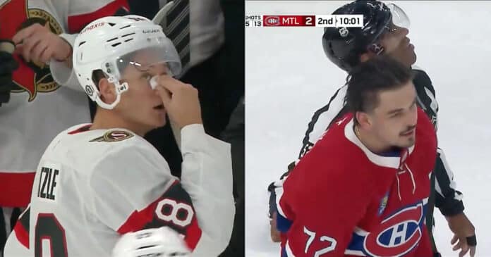 Arber-Xhekaj-hit-to-the-head-of-Tim-Stutzle Arber Xhekaj ejected for hit to head of Tim Stutzle