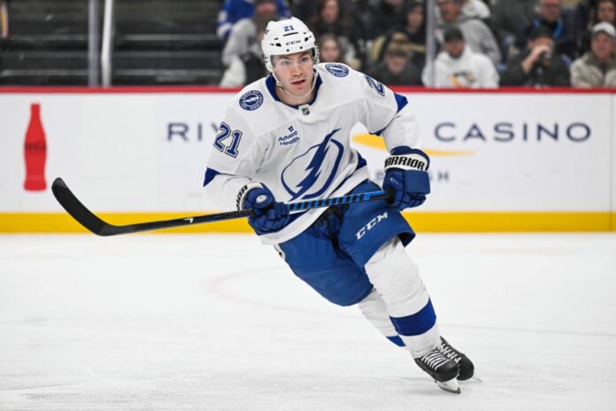 Tampa Bay Lightning center Brayden Point (21) turns up ice during the third period in the NHL game between the Pittsburgh Penguins and the Tampa Bay Lightning on January 12, 2025, at PPG Paints Arena in Pittsburgh, PA. (Photo by Jeanine Leech/Icon Sportswire) Lightning Stat Brayden Point Scratched After Missing Team Meeting