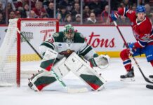Fleury Hockeyville: His Line Was Longer Than the Cup’s Marc-Andre Fleury (29) of the Minnesota Wild tends net during the second period of the NHL game between the Minnesota Wilds and the Montreal Canadiens on Jan 30 2025, at the Bell Centre in Montreal, QC