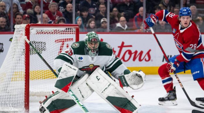 Fleury Hockeyville: His Line Was Longer Than the Cup’s Marc-Andre Fleury (29) of the Minnesota Wild tends net during the second period of the NHL game between the Minnesota Wilds and the Montreal Canadiens on Jan 30 2025, at the Bell Centre in Montreal, QC