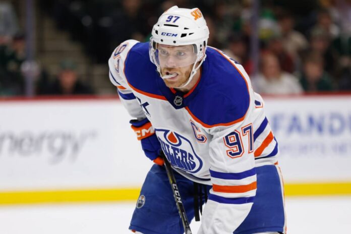 Edmonton Oilers center Connor McDavid (97) gets ready for a face-off during the NHL game between the Minnesota Wild and Edmonton Oilers on January 15th, 2025, at the Xcel Energy Center in St. Paul, MN. Connor McDavid Edmonton Oilers Hart Trophy finalist 2026 NHL MVP Art Ross 138 points