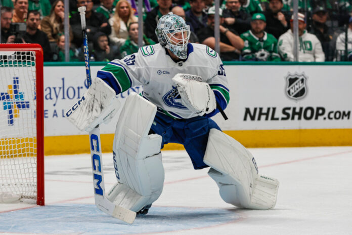 Canucks' Thatcher Demko Exits Early vs Maple Leafs With Apparent Injury Vancouver Canucks goaltender Thatcher Demko (35) looks for the puck during the game between the Dallas Stars and the Vancouver Canucks on January 31, 2025 at American Airlines Center in. Dallas, Texa