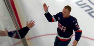 Brady Tkachuk Daps Up Brother Matthew After Fights vs Canada (Screenshot/ ABC)
