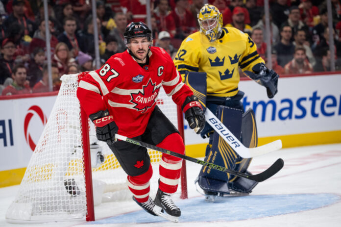 Sidney Crosby(87) of Team Canada skates during the second period of the 4 Nations Face-Off game between Canada and Sweden on February 12, 2025, at Bell Centre in Montreal, Quebec Sidney Crosby Shines For Team Canada in 4 Nations OT Win vs Sweden