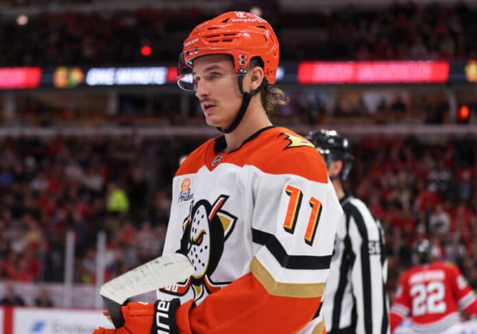 Trevor Zegras #11 of the Anaheim Ducks during the second period against the Chicago Blackhawks on November, 19, 2024 at the United Center in Chicago, Illinois Trevor Zegras Slapped With 3-Game Suspension For Dirty Michael Rasmussen Hit