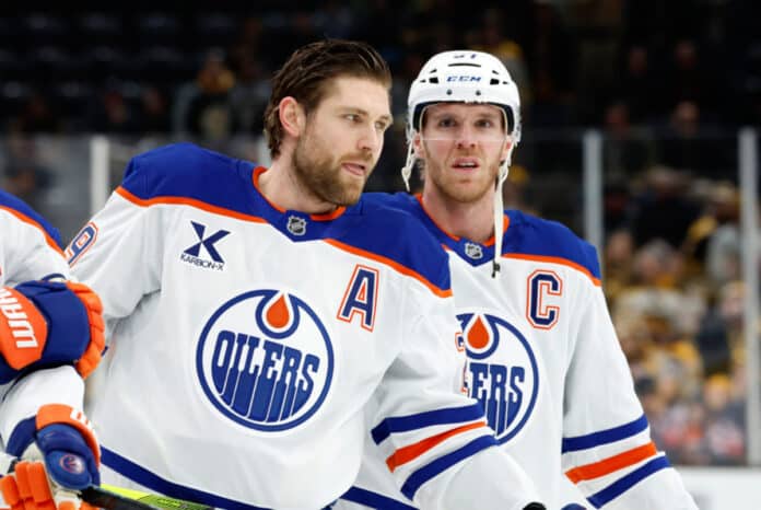 Edmonton Oilers center Leon Draisaitl (29) and center Connor McDavid (97) in warm up before a game between the Boston Bruins and the Edmonton Oilers on January 7, 2025, at TD garden in Boston, Massachusetts Connor McDavid Leon Draisaitl Oilers top line Game 6 Ducks playoffs