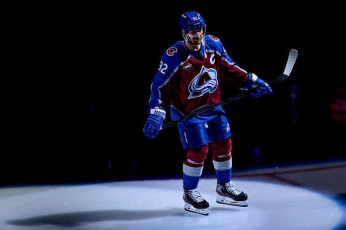 NHL: APR 23 Stanley Cup Playoffs First Round Stars at Avalanche DENVER, CO - APRIL 23: Colorado Avalanche left wing Gabriel Landeskog (92) is introduced in the starting lineup before game three of the Western Conference 1st Round between the Dallas Stars and the Colorado Avalanche at Ball Arena in Denver, Colorado on April 23, 2025.