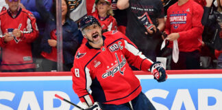 Washington Capitals Eliminate Montreal Canadiens To Advance To Second Round WASHINGTON, DC - APRIL 30: Capitals left wing Alexander Alex Ovechkin (8) celebrates after scoring the first goal of the game during game five of the first round of the Eastern Conference playoffs between the Montreal Canadiens and Washington Capitals National Hockey League game on April 30, 2025 at Capital One Arena in Washington, D.C..