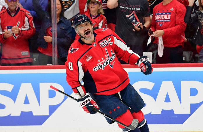 NHL: APR 30 Stanley Cup Playoffs First Round Canadiens at Capitals WASHINGTON, DC - APRIL 30: Capitals left wing Alexander Alex Ovechkin (8) celebrates after scoring the first goal of the game during game five of the first round of the Eastern Conference playoffs between the Montreal Canadiens and Washington Capitals National Hockey League game on April 30, 2025 at Capital One Arena in Washington, D.C..