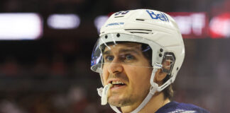 Mark Scheifele Exits Game 5 After Hit By Brayden Schenn NEWARK, NJ - MARCH 21: Winnipeg Jets center Mark Scheifele (55) looks on during a game between the Winnipeg Jets and New Jersey Devils on March 21, 2024 at Prudential Center in the Newark, New Jersey.