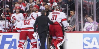 Frederik Andersen Leaves Game 4 After Collision With Timo Meier NEWARK, NJ - APRIL 27: Carolina Hurricanes goaltender Frederik Andersen (31) is helped off the ice after a colliding with New Jersey Devils right wing Timo Meier (28) (not pictured) during Game Four of the First Round of the 2025 Stanley Cup Playoffs between the Carolina Hurricanes and New Jersey Devils at Prudential Center on April 27, 2025 in Newark, New Jersey.
