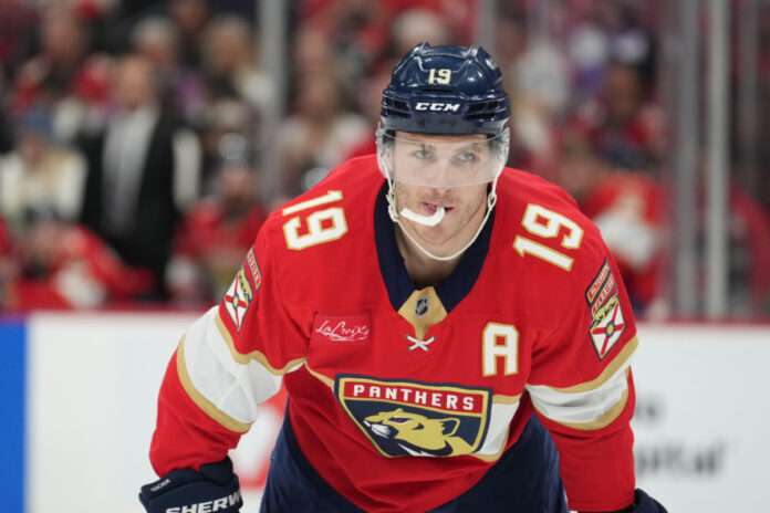 det250208047(1) Florida Panthers left wing Matthew Tkachuk (19) waits for a face-off during the game between the Ottawa Senators and the Florida Panthers on Saturday, February 8, 2025 at Amerant Bank Area in Sunrise, FL.