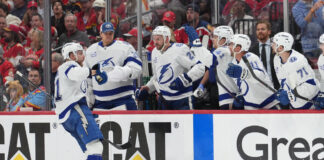 Lightning Strike Twice In 11 Seconds After Aaron Ekblad’s High Hit On Brandon Hagel SUNRISE, FL - APRIL 28: Tampa Bay Lightning defenseman Erik Cernak (81) celebrates a second goal of the second period for Tamps during the Stanley Cup Playoffs First Round game between the Tampa Bay Lightning and the Florida Panthers on Monday, April 28, 2025 at Amerant Bank Arena in Sunrise, FL (