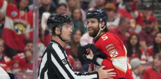 Aaron Ekblad Suspended Two Games For Elbowing Brandon Hagel SUNRISE, FL - APRIL 28: Florida Panthers defenseman Aaron Ekblad (5) gets talked to by an official after delivering a bit hit in the second period during the Stanley Cup Playoffs First Round game between the Tampa Bay Lightning and the Florida Panthers on Monday, April 28, 2025 at Amerant Bank Arena in Sunrise, FL