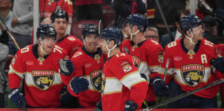 Florida Panthers Eliminate Tampa Bay Lightning In First Round For Second Straight Year SUNRISE, FL - APRIL 28: Florida players celebrate two late goals to take the lead in the third period during the Stanley Cup Playoffs First Round game between the Tampa Bay Lightning and the Florida Panthers on Monday, April 28, 2025 at Amerant Bank Arena in Sunrise, FL