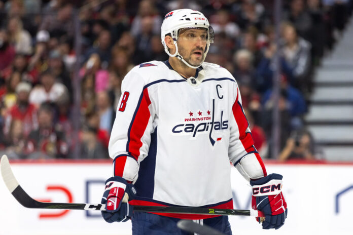 NHL: OCT 18 Capitals at Senators Alex Ovechkin of the Washington Capitals looks on during a game in his white road jersey