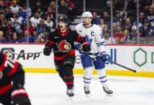 Matthews Hosts Leafs for Arizona Bonding Trip Before Opener Ottawa Senators Defenceman Travis Hamonic (23) and Toronto Maple Leafs center Auston Matthews (34) during second period National Hockey League action between the Toronto Maple Leafs and Ottawa Senators on January 25, 2025, at Canadian Tire Centre in Ottawa, ON, Canada