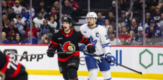 Madness Ensues at End of Maple Leafs’ Game 1 Victory vs Senators Ottawa Senators Defenceman Travis Hamonic (23) and Toronto Maple Leafs center Auston Matthews (34) during second period National Hockey League action between the Toronto Maple Leafs and Ottawa Senators on January 25, 2025, at Canadian Tire Centre in Ottawa, ON, Canada