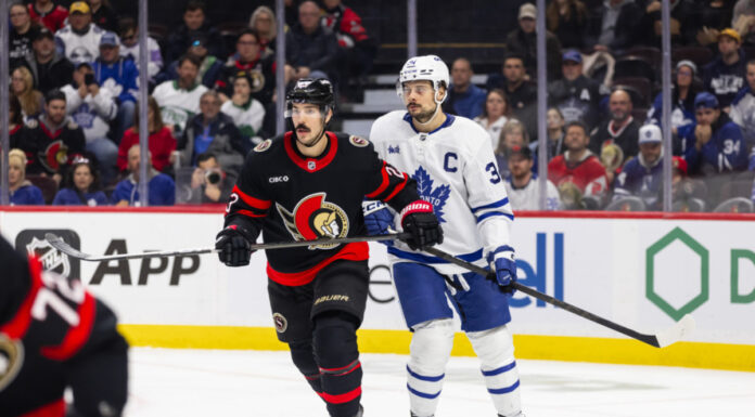 Matthews Hosts Leafs for Arizona Bonding Trip Before Opener Ottawa Senators Defenceman Travis Hamonic (23) and Toronto Maple Leafs center Auston Matthews (34) during second period National Hockey League action between the Toronto Maple Leafs and Ottawa Senators on January 25, 2025, at Canadian Tire Centre in Ottawa, ON, Canada