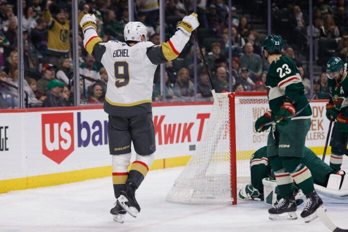 NHL: MAR 25 Golden Knights at Wild Vegas Golden Knights center Jack Eichel celebrates scoring a goal