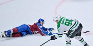 Dallas Stars right wing Mikko Rantanen shoots and scores during the 2025 Stanley Cup Playoffs