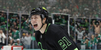 Robertson Sets Stars Playoff Goal Streak Record in Game 3 Dallas Stars left wing Jason Robertson celebrates goal