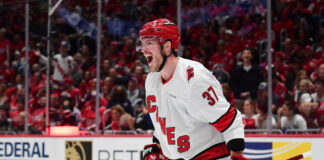 Hurricanes Heading to East Finals After Eliminating Alex Ovechkin’s Capitals in 5 Games Andrei Svechnikov Carolina Hurricanes celebrates a goal in his white road sweater
