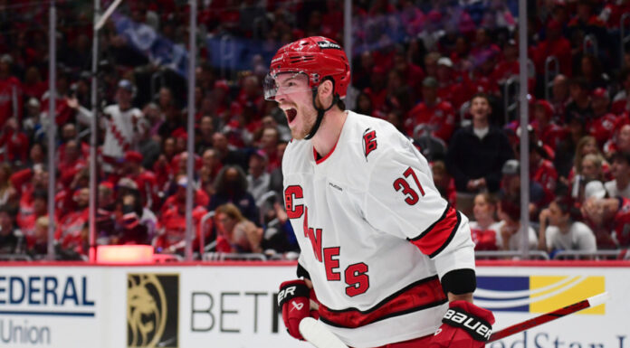 Stanley Cup Day: Svechnikov Takes It to a Children’s Hospital Andrei Svechnikov Carolina Hurricanes celebrates a goal in his white road sweater