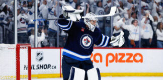 Cole Perfetti Ties It In Final Seconds, Jets Win Game 7 In Double Overtime WINNIPEG, MB - APRIL 21: Winnipeg Jets goalie Connor Hellebuyck (37) celebrates his win against the St. Louis Blues at the end of the third period of game 2 of the first round of the Stanley Cup Playoffs between the Winnipeg Jets and the St. Louis Blues on April 21,2025 at the Canada Life Centre Winnipeg, Manitoba.