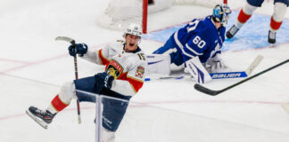Maple Leafs Fall Flat In Another Brutal Game 7 Loss TORONTO, ON - May 18: Florida Panthers center Anton Lundell (15) celebrates a goal as Toronto Maple Leafs goaltender Joseph Woll (60) looks on during the second period of game 7 of the Eastern Conference Playoffs between the Florida Panthers and Toronto Maple Leafs on May 18, 2025, at Scotiabank Arena in Toronto, ON.