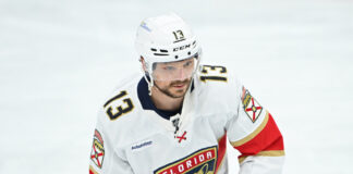 Sam Reinhart Leaves Game 2 with Lower-Body Injury After Sebastian Aho Hit TORONTO, ON - MAY 14: Florida Panthers Center Sam Reinhart (13) in warmups prior to the NHL Stanley Cup Playoffs 2nd Round Game 5 between the Florida Panthers and Toronto Maple Leafs on May 14, 2025 at Scotiabank Arena in Toronto, ON.