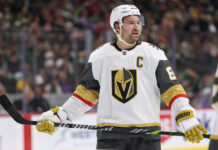 Mark Stone Hat Trick: Golden Knights Rout Flames 6-2 Vegas Golden Knights right wing Mark Stone looks on during the NHL game
