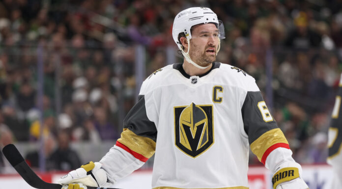Mark Stone Hat Trick: Golden Knights Rout Flames 6-2 Vegas Golden Knights right wing Mark Stone looks on during the NHL game