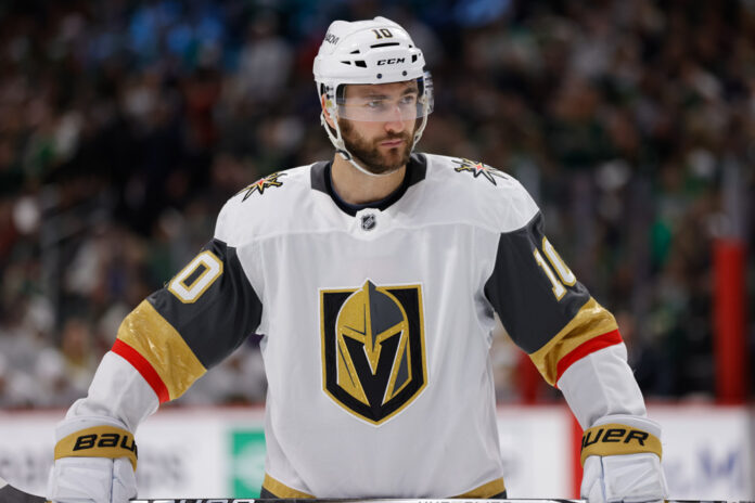 NHL: APR 26 Stanley Cup Playoffs First Round Game 4 Golden Knights at Wild ST. PAUL, MN - APRIL 26: Vegas Golden Knights center Nicolas Roy (10) lines up for a face-off during the third period of Game Four of the First Round of the 2025 Stanley Cup Playoffs between the Vegas Golden Knights and Minnesota Wild on April 26th, 2025, at the Xcel Energy Center in St. Paul, MN.
