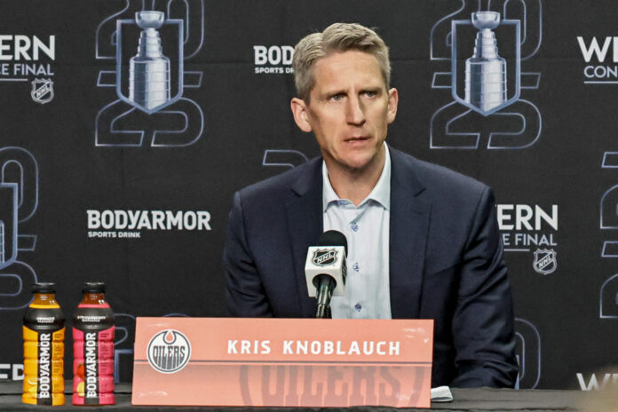 NHL: MAY 21 Stanley Cup Playoffs Western Conference Final Oilers at Stars Kris Knoblauch speaks on Oilers lineup changes