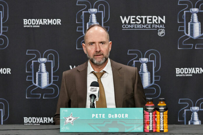 NHL: MAY 29 Stanley Cup Playoffs Western Conference Final Oilers at Stars DALLAS, TX - MAY 29: Dallas Stars head coach Pete DeBoer takes questions from the media after game 5 of the Western Conference Final between the Dallas Stars and the Edmonton Oilers on May 29, 2025 at American Airlines Center in Dallas, Texas.