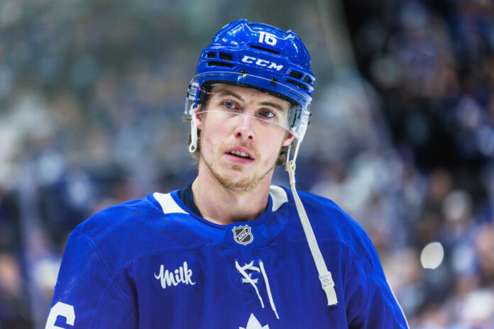 NHL: MAY 18 Stanley Cup Playoffs 2nd Round Panthers at Maple Leafs TORONTO, ON - May 18: Toronto Maple Leafs right wing Mitch Marner (16) is seen before game 7 of the Eastern Conference Playoffs between the Florida Panthers and Toronto Maple Leafs on May 18, 2025, at Scotiabank Arena in Toronto, ON.