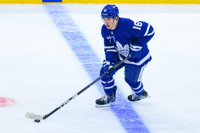 NHL: MAY 05 Stanley Cup Playoffs 2nd Round Panthers at Maple Leafs TORONTO, ON - MAY 05: Toronto Maple Leafs Right Wing Mitch Marner (16) skates with the puck during the 2025 NHL Stanley Cup playoffs second round game one between the Florida Panthers and the Toronto Maple Leafs on May 5, 2025, at Scotiabank Arena in Toronto, ON, Canada.